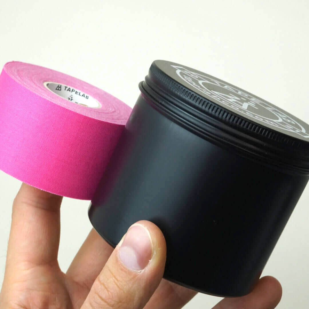 Tape Lab BIG Storage Box for Kinesiotape and More // Aluminium - Black - Screwable Lid - Height: 75mm - Diameter: 83mm