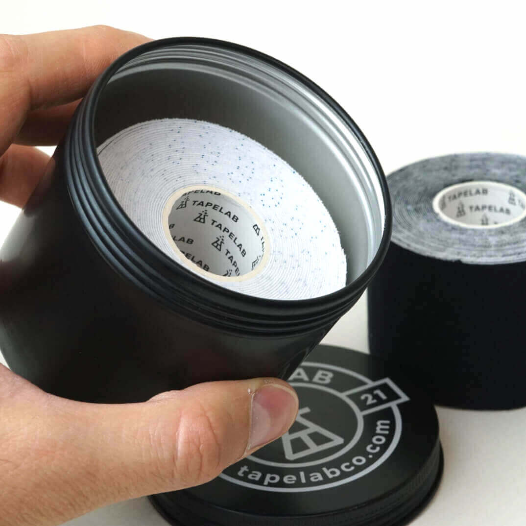 Tape Lab BIG Storage Box for Kinesiotape and More // Aluminium - Black - Screwable Lid - Height: 75mm - Diameter: 83mm