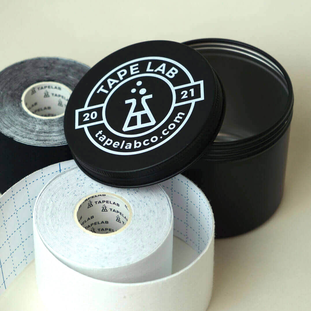 Tape Lab BIG Storage Box for Kinesiotape and More // Aluminium - Black - Screwable Lid - Height: 75mm - Diameter: 83mm