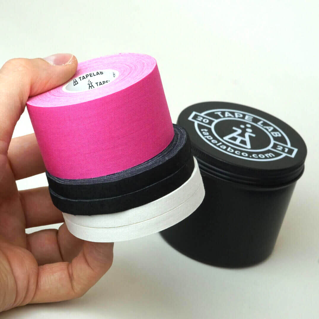 Tape Lab BIG Storage Box for Kinesiotape and More // Aluminium - Black - Screwable Lid - Height: 75mm - Diameter: 83mm